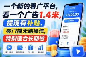 一个新的看广平台，看一个广告1.4米，提现有补贴，零门槛无脑操作，特别适合长期做【揭秘】-第一资源库