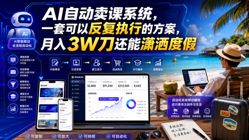 AI自动卖课系统，一套可以反复执行的方案，月入3W刀还能潇洒度假【原创双语字幕】-多金部落-社群网课资源站