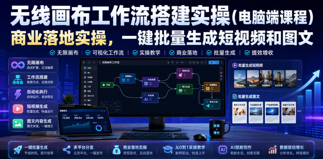 无线画布工作流搭建实操（电脑端课程），商业落地实操，一键批量生成短视频和图文-多金部落-社群网课资源站