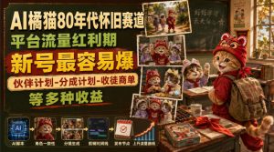 AI橘猫80年代怀旧赛道，平台流量红利期，新号最容易爆，伙伴计划-分成计划-收徒商单等多种收益-第一资源库
