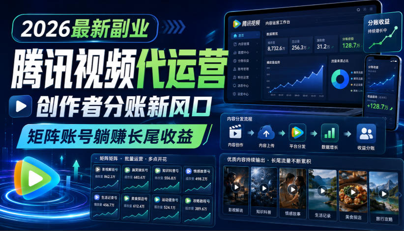 2026最新副业之腾讯视频代运营：创作者分账新风口，矩阵账号躺賺长尾收益【揭秘】-第一资源库