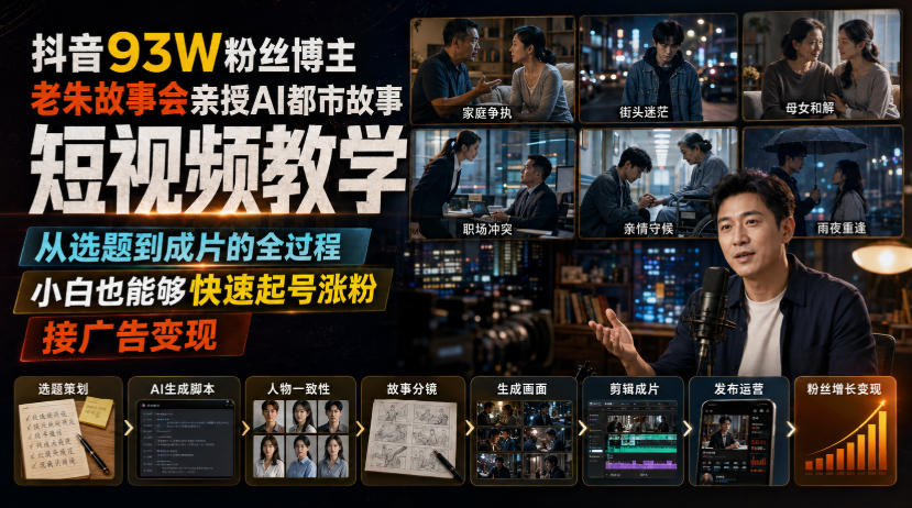 抖音93W粉丝博主老朱故事会亲授AI都市故事短视频教学，从选题到成片的全过程，小白也能够快速起号涨粉接广告变现-多金部落-社群网课资源站