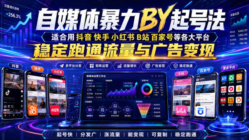 自媒体暴力搬运起号法，适合用抖音快手小红书B站百家号等各大平台，稳定跑通流量与广告变现-多金部落-社群网课资源站