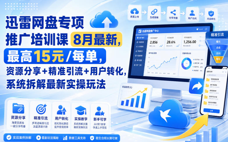 迅雷网盘专项推广培训课8月最新，最高15米/每单，资源分享+精准引流+用户转化，系统拆解最新实操玩法（持续更新）-第一资源库