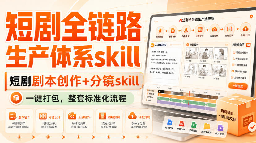 短剧全链路生产体系skill，短剧剧本创作+分镜skill，一键打包，整套标准化流程-第一资源库
