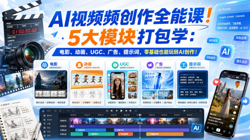 AI视频频创作全能课！5大模块打包学：电影、动画、UGC、广告、提示词，零基础也能玩转AI创作！【原创双语字幕】-第一资源库