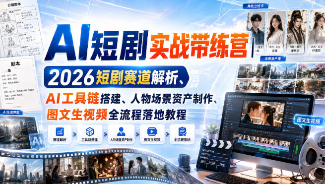 AI短剧实战带练营｜2026短剧赛道解析、AI工具链搭建、人物场景资产制作、图文生视频全流程落地教程-第一资源库