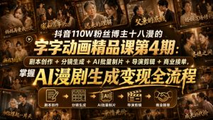 抖音110W粉丝博主十八漫的字字动画精品课第4期：剧本创作+分镜生成+剪辑+商业接单，掌握AI漫剧生成变现全流程-第一资源库