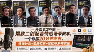 外面卖299的爆款二创配音情感语录教学，一个作品20分钟左右，伙伴计划+剪映拉新+收徒等多种收益-第一资源库