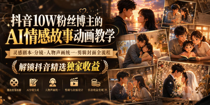 抖音10W粉丝博主的AI情感故事动画教学，灵感剧本‑分镜‑人物声画统一‑剪辑封面全流程，解锁抖音精选独家收益-多金部落-社群网课资源站