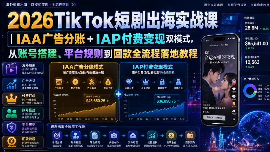 2026TikTok短剧出海实战课｜IAA广告分账+IAP付费变现双模式，从账号搭建、平台规则到回款全流程落地教程-第一资源库