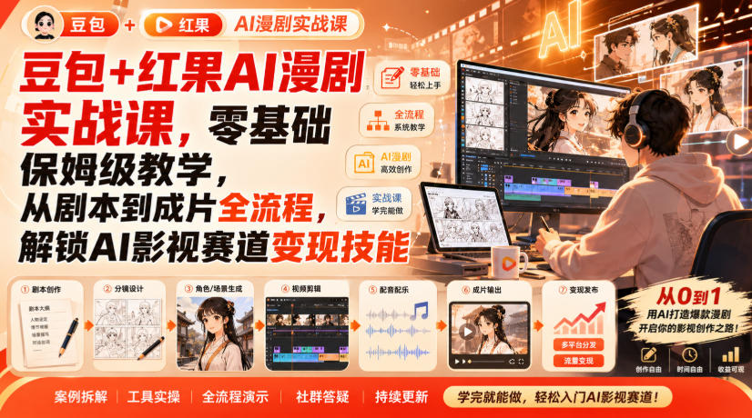 豆包+红果AI漫剧实战课，零基础保姆级教学，从剧本到成片全流程，解锁AI影视赛道变现技能-第一资源库