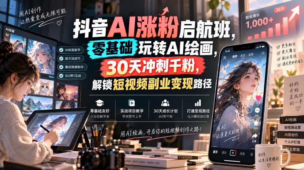 抖音AI涨粉启航班，零基础玩转AI绘画，30天冲刺千粉，解锁短视频副业变现路径-第一资源库