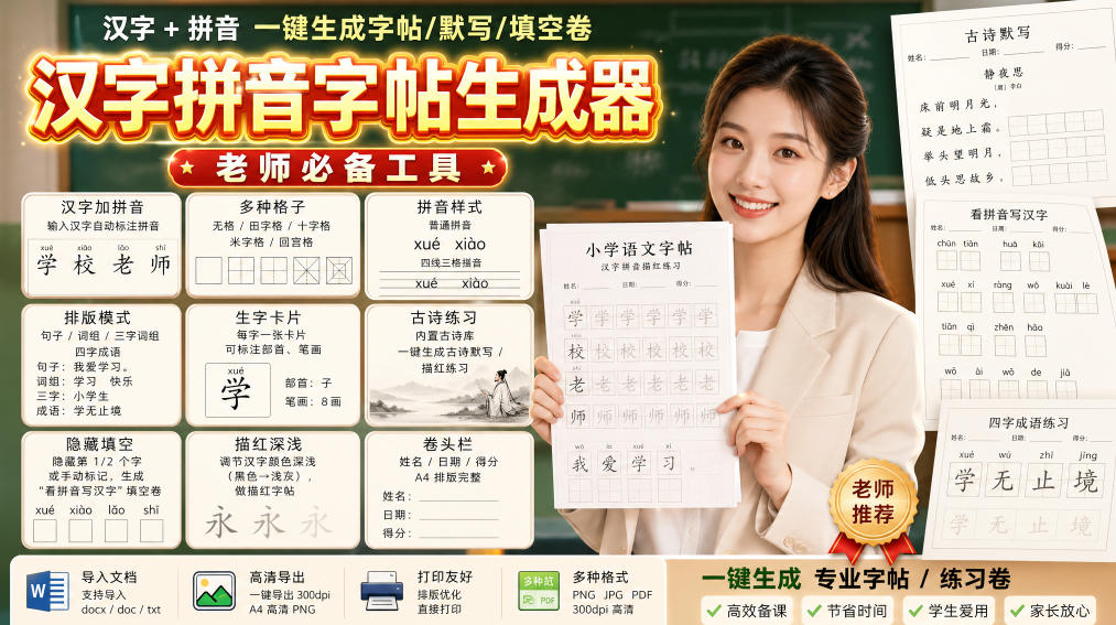 学习神器，汉字拼音字帖生成器，汉字+拼音 一键生成字帖/默写/填空卷，支持词组、成语，老师、家长必备-多金部落-社群网课资源站