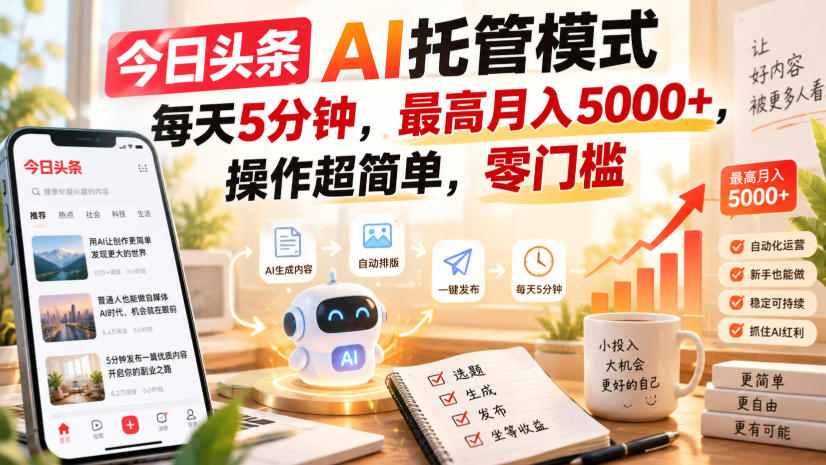 今日头条AI托管模式，每天5分钟，最高月入5000+，操作超简单，零门槛【揭秘】-第一资源库