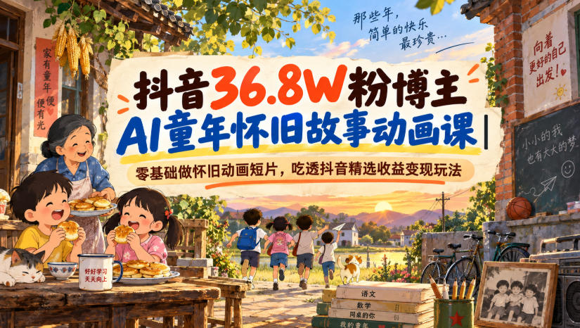 抖音36.8W粉博主AI童年怀旧故事动画课｜零基础做怀旧动画短片，吃透抖音精选收益变现玩法-第一资源库