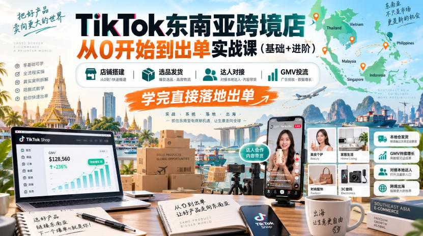TikTok东南亚跨境店从0开始到出单实战课（基础+进阶），店铺搭建、选品发货、达人对接、GMV投流，学完直接落地出单-第一资源库