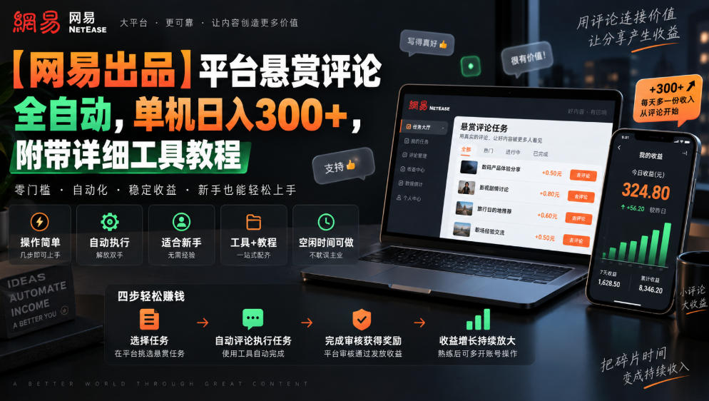 【网易出品】平台悬赏评论全自动，单机日入300+，附带详细工具教程【揭秘】-第一资源库