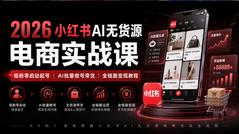 2026小红书AI无货源电商实战课|低粉零启动起号|AI批量做号带货全链路变现教程(更新0920)