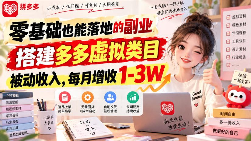 零基础也能落地的副业，搭建多多虚拟类目被动收入，每月增收1-3W【揭秘】-第一资源库