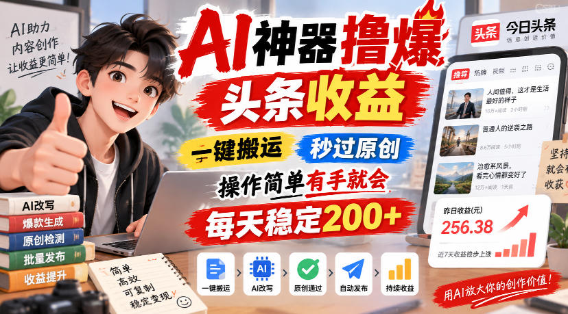 AI神器撸爆头条收益，一键搬运，秒过原创，操作简单有手就会，每天稳定200+【揭秘】-第一资源库