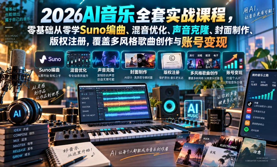 2026AI音乐实战课程，零基础从零学Suno编曲、混音优化、声音克隆、版权注册，覆盖多风格歌曲创作与账号变现（更新0921）-第一资源库
