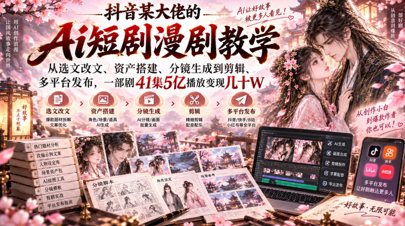 抖音某大佬的Ai短剧漫剧教学,从选文改文、资产搭建、分镜生成到剪辑、多平台发布,一部剧41集5亿播放变现几十W