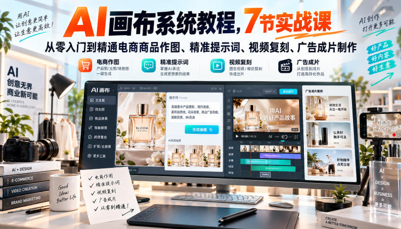 AI画布系统教程，7节实战课从零入门到精通电商商品作图、精准提示词、视频复刻、广告成片制作-第一资源库