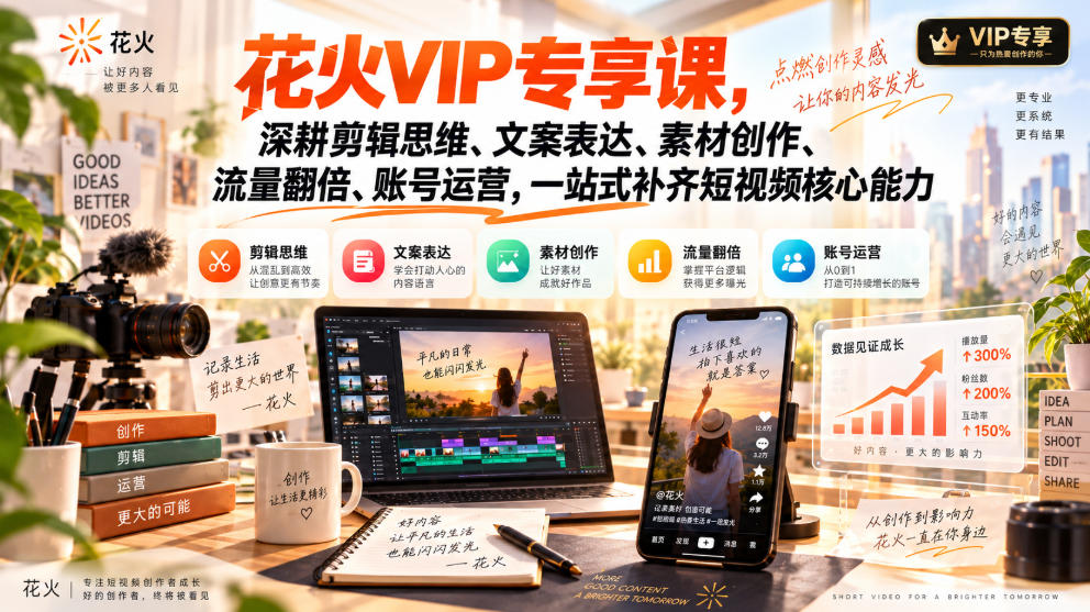 花火VIP专享课，深耕剪辑思维、文案表达、素材创作、流量翻倍、账号运营，一站式补齐短视频核心能力-第一资源库