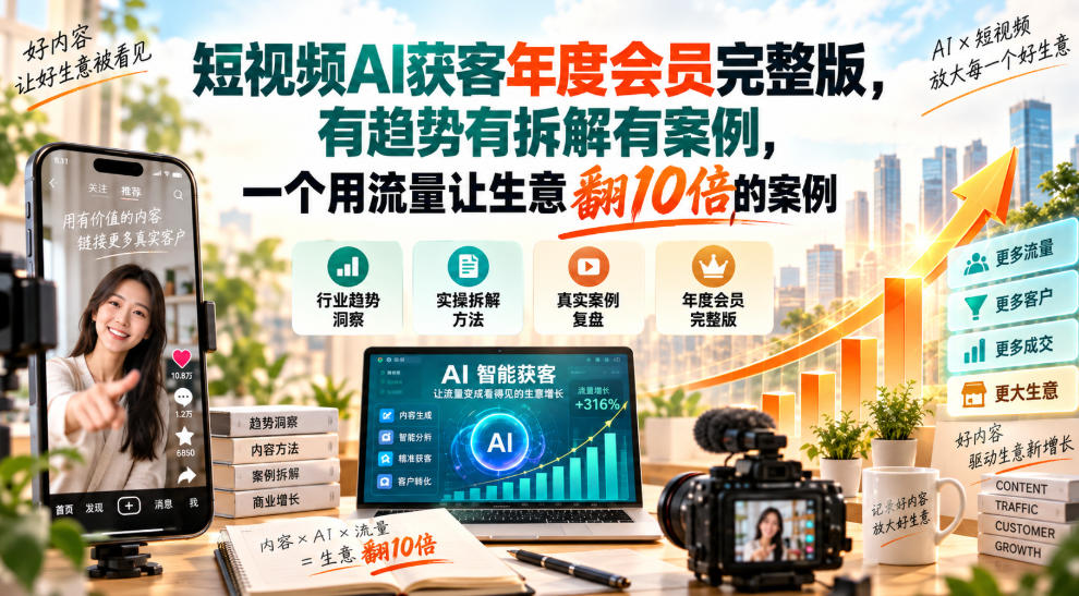 短视频AI获客年度会员完整版，有趋势有拆解有案例，一个用流量让生意翻10倍的案例-第一资源库