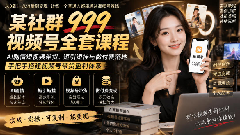 某社群999视频号全套课程，AI剧情短视频带货、短引短挂与微付费落地，手把手搭建视频号带货盈利体系-第一资源库