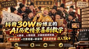 抖音30W粉博主的AI历史情景喜剧教学，从剧本、人物场景、分镜到视频剪辑，精选独家+付费观看+收徒等多渠道收益日入1k+-第一资源库