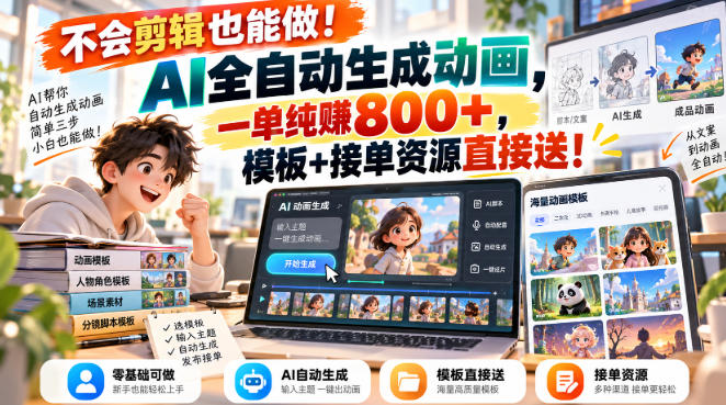 不会剪辑也能做！AI全自动生成动画，一单纯賺800+，模板+接单资源直接送！【揭秘】-第一资源库