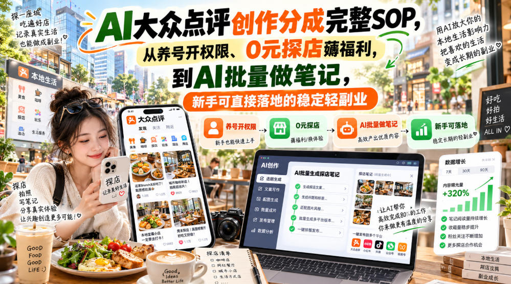 【无水印】AI大众点评创作分成完整SOP，从养号开权限、0元探店薅福利，到AI批量做笔记，新手可直接落地的稳定轻副业-第一资源库
