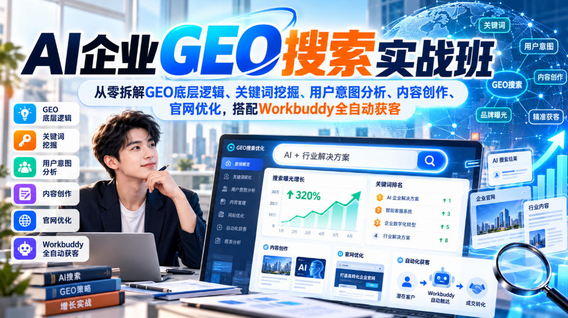 AI企业GEO搜索实战班，从零拆解GEO底层逻辑、关键词挖掘、用户意图分析、内容创作、官网优化，搭配Workbuddy全自动获客-第一资源库
