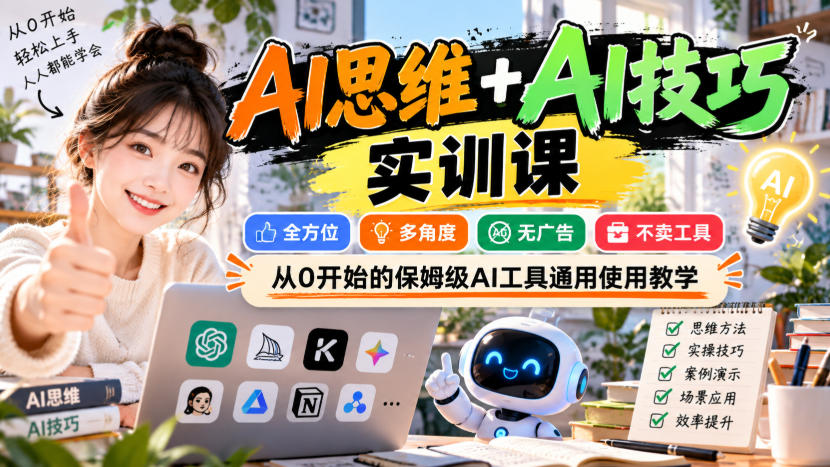 【无水印】AI思维+AI技巧实训课，全方位、多角度、无广告、不卖工具，从0开始的保姆级AI工具通用使用教学-第一资源库