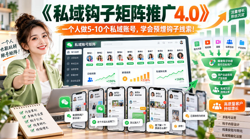 【无水印】《私域钩子矩阵推广4.0》一个人做5-10个私域账号，学会预埋钩子线索！-第一资源库