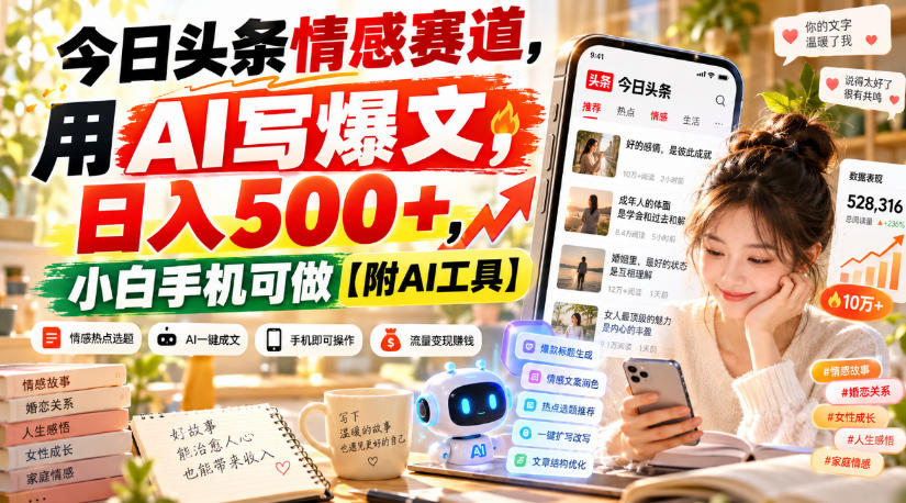 今日头条情感赛道，用AI写爆文，日入500+，小白手机可做【附AI工具】-第一资源库