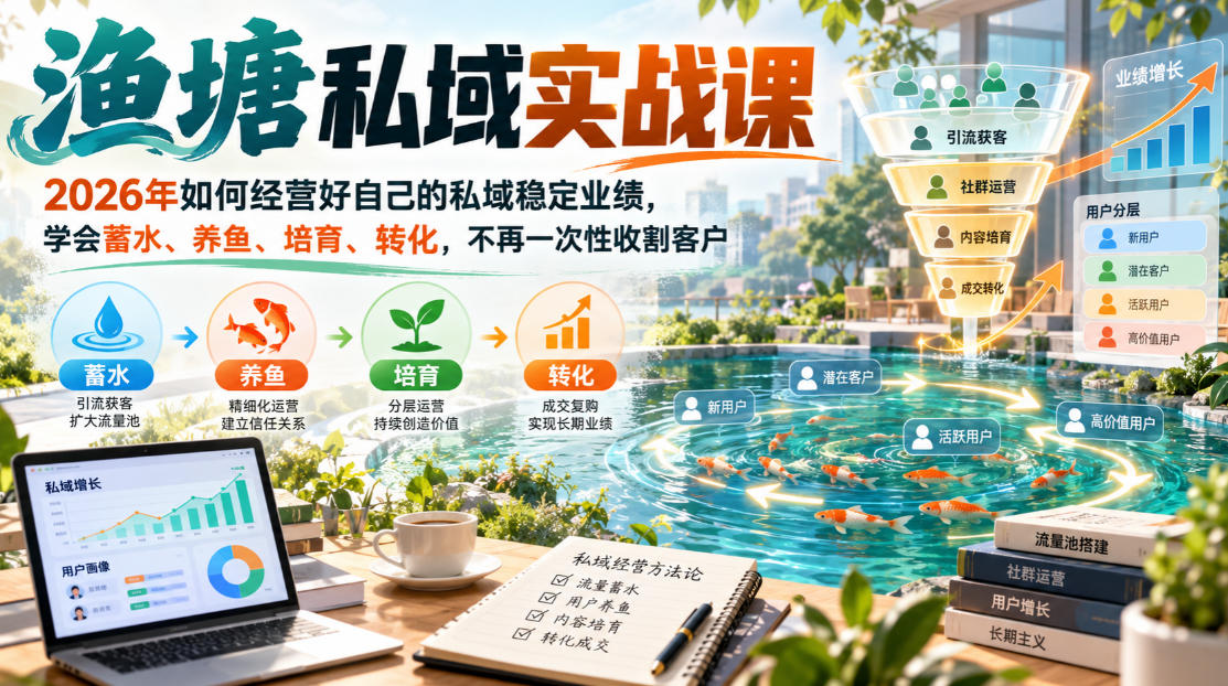 渔塘私域实战课，2026年如何经营好自己的私域稳定业绩，学会蓄水、养鱼、培育、转化，不再一次性收割客户-第一资源库