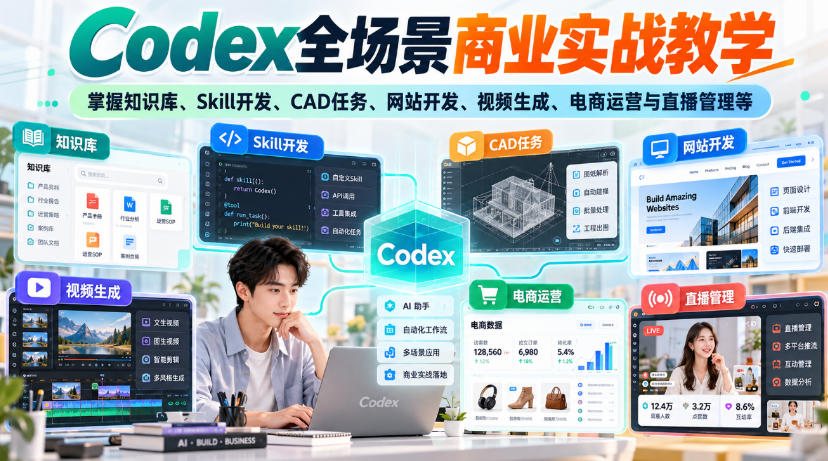 【无水印】Codex全场景商业实战教学，掌握知识库、Skill开发、CAD任务、网站开发、视频生成、电商运营与直播管理等-第一资源库