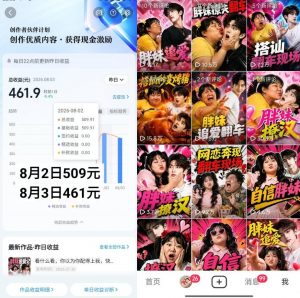 抖音博主的AI胖妹历险记教学，伙伴计划+分成计划+收徒+商单等多种收益，适合新手，手机电脑都可以操作-第一资源库