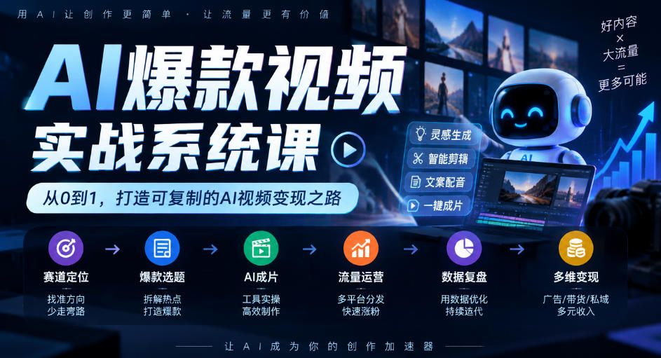 AI爆款视频实战系统课｜赛道定位、爆款选题、AI成片、流量运营、数据复盘、多维变现全链路教学-第一资源库