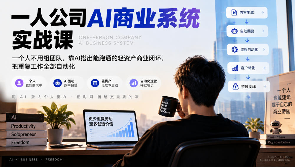 一人公司AI商业系统实战课，一个人不用组团队，靠AI搭出能跑通的轻资产商业闭环，把重复工作全部自动化-第一资源库