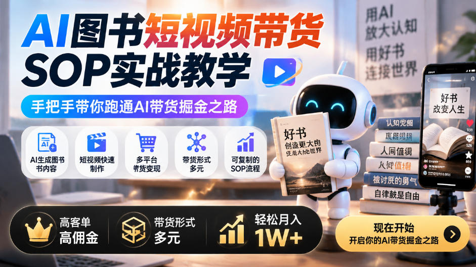 AI图书短视频带货SOP实战教学，手把手带你跑通AI带货掘金之路，高客单高佣金，带货形式多元，轻松月入1W+-第一资源库