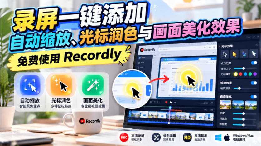录屏一键添加自动缩放、光标润色与画面美化效果，免费使用Recordly-多金部落-社群网课资源站