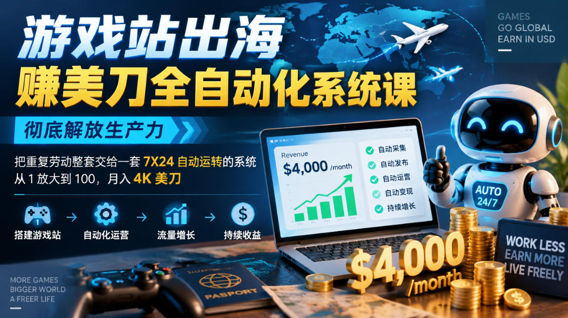游戏站出海賺美刀全自动化系统课，彻底解放生产力–把重复劳动整套交给一套7X24自动运转的系统，从1放大到100，月入4K美刀-第一资源库
