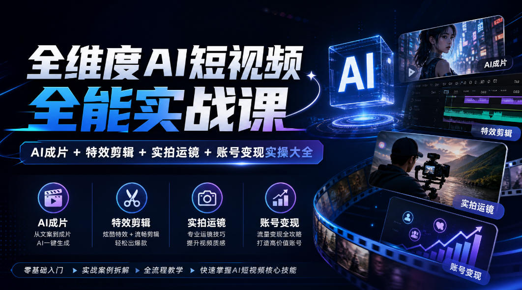 全维度AI短视频全能实战课，AI成片+特效剪辑+实拍运镜+账号变现实操大全-第一资源库
