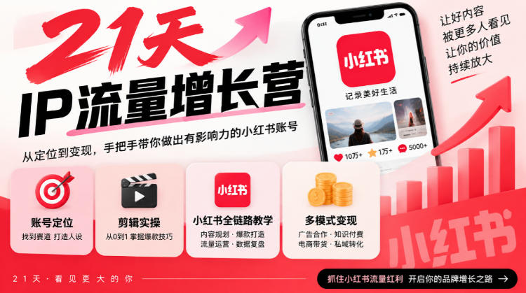 21天IP流量增长营，小红书全链路教学，账号定位剪辑实操，多模式变现系统课-多金部落-社群网课资源站
