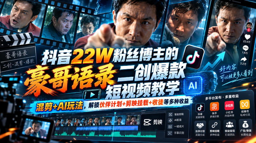 抖音22W粉丝博主的豪哥语录二创爆款短视频教学，混剪+AI玩法，解锁伙伴计划+剪映挂载+收徒等多种收益-多金部落-社群网课资源站