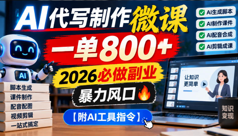 AI代写制作微课，一单800+，2026必做副业，暴力风口【附AI工具指令】【揭秘】-多金部落-社群网课资源站